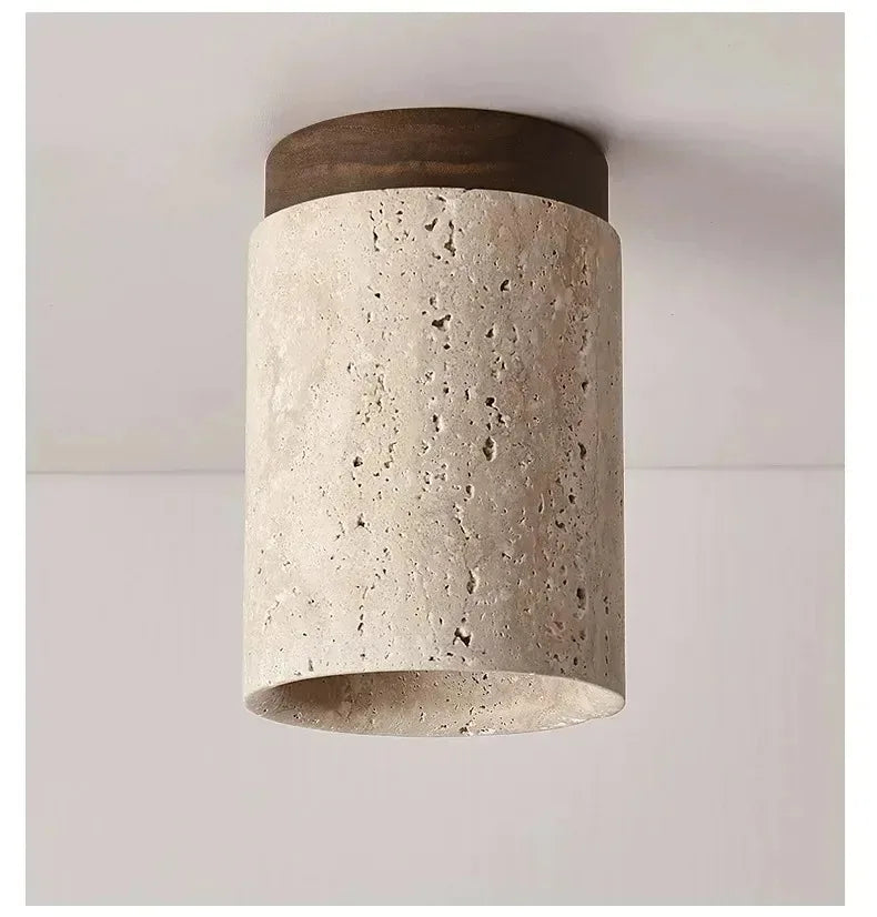 Yellow Travertine LED Ceiling Lamp Japanese Wooden Downlight round Wood Light for Living Room Corridor Porch Balcony