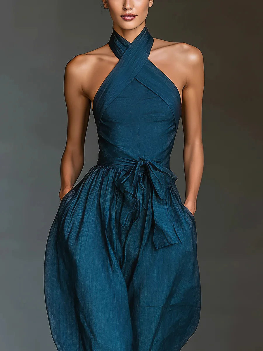 Chic High Waist Tie-up Wide Leg Pants Jumpsuit Women Sexy Criss Cross Halter Backless Zips Romper Summer Solid Office Overalls