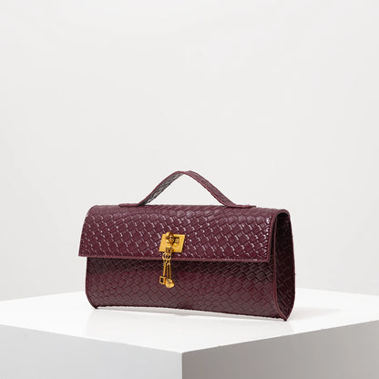 Vintage Faux Leather Woven Baguette Bag, Flap Women's Clutch, Elegant Evening Bag, Burgundy Wallet, Women's Dress Party, Wedding Accessory (Random Pattern)