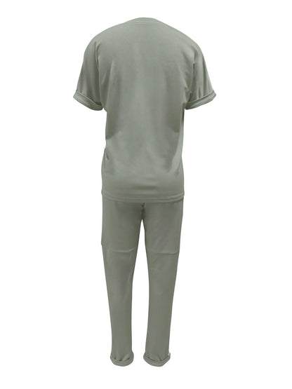 2026 New Spring Summer Fashion Sports Suit Women's Round Neck Short Sleeve Pocket Solid Color Top Sports Trousers Two-piece Suit