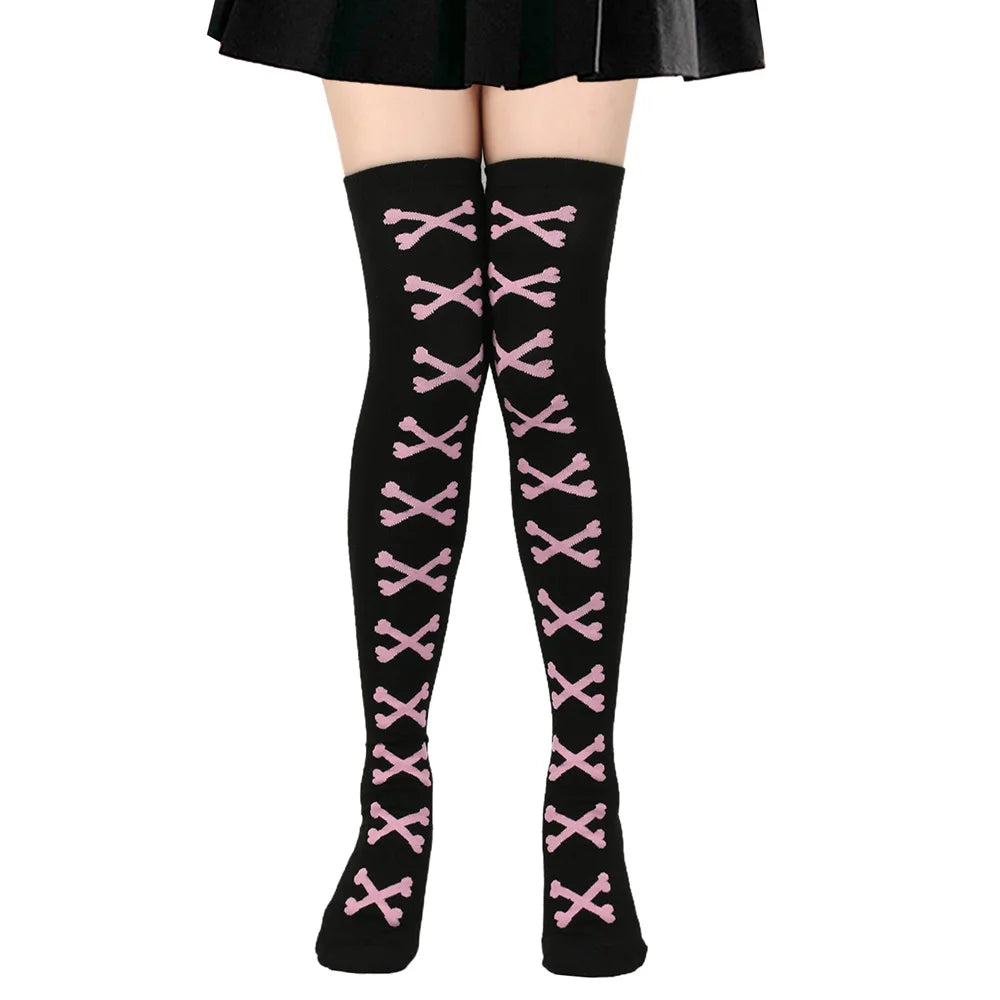 Womens Bone Thigh High Stockings Ladies Halloween Girls Black White Pink Long Over Above Knee Socks Tall Funny Cosplay Harajuku