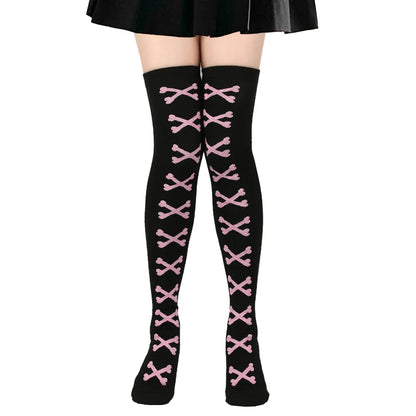 Womens Bone Thigh High Stockings Ladies Halloween Girls Black White Pink Long Over Above Knee Socks Tall Funny Cosplay Harajuku