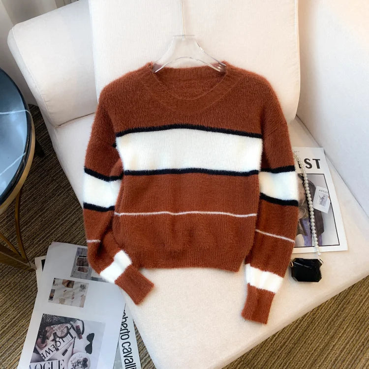 2026 New Winter Color Block Crew Neck Pullover Sweater,Crop Top Casual Long Sleeve Drop Shoulder Sweater Women's Clothing