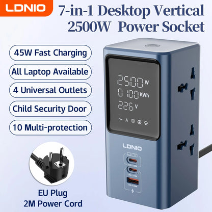 LDNIO Vertical Universal Socket Tower Power Strip Multi Outlets with 45W PD USB C Fast Charging Stations Extension Cable LED
