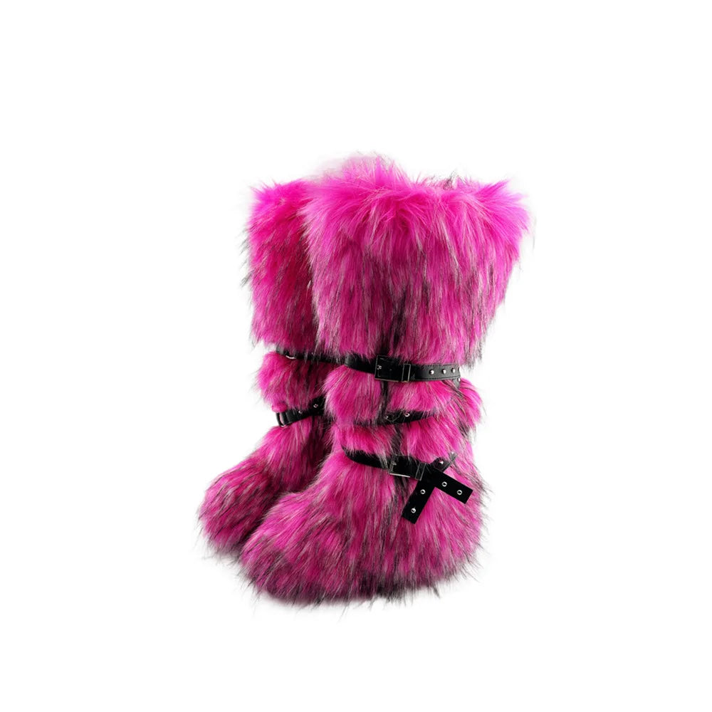 Faux Fur Knee-High Boot Round Toe Height Increasing Wild Winter Warmer Belt Buckle Slip-On Fashion Luxury Sexy Women Shoe Newest