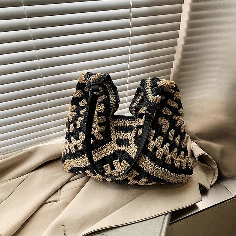 Ladies Knitted Straw Handbag Hollow out Hand Woven Beach Shoulder Bag for Women Seaside Tote Perfect for Vacations
