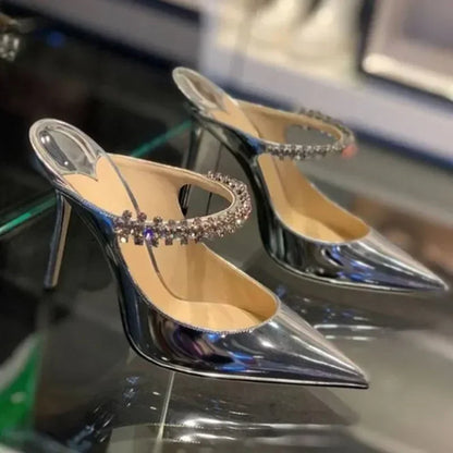 2025 New Fashionable Fine Heeled Muller Shoes with Pointed Water Diamond Chain Banquet Shallow Mouth Women's High Heel Sandals