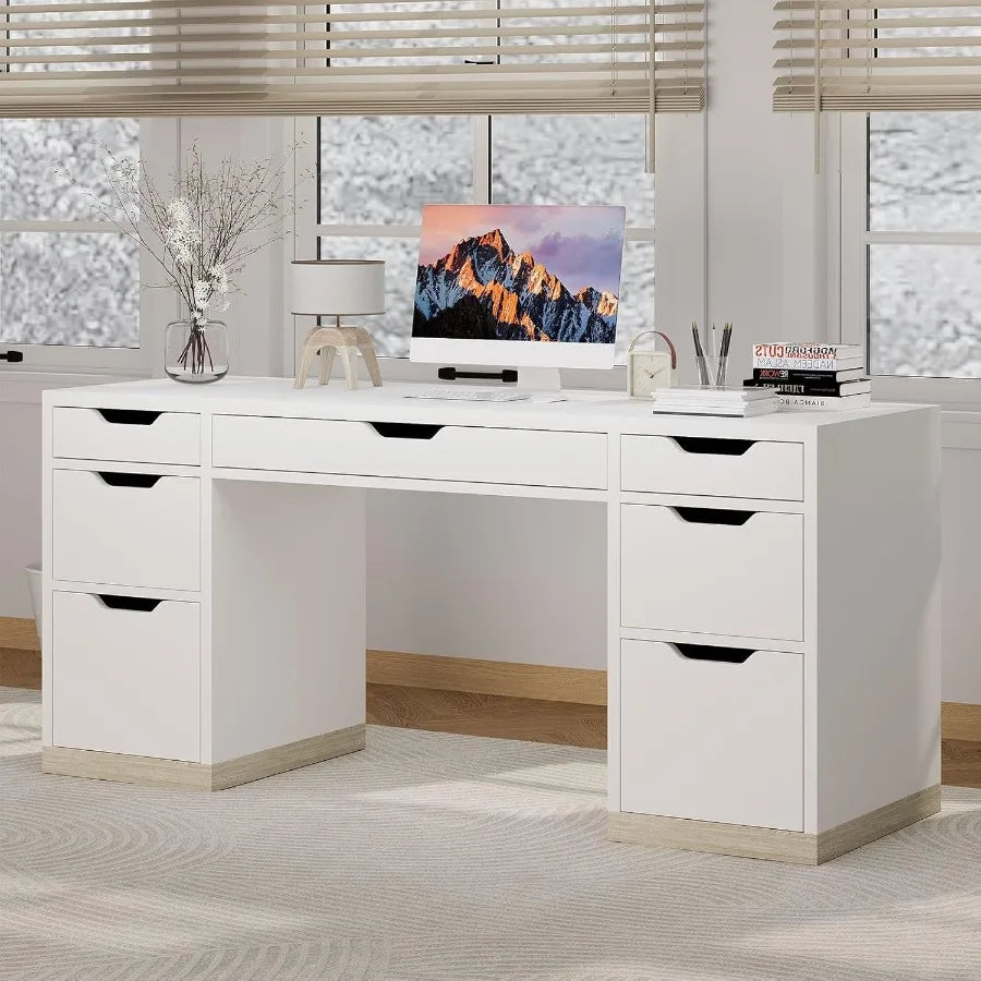 White 54 Inch Executive Desk with 7 Drawers and Cabinet for Bedroom Home Office Small Spaces Modern Writing and Study Desk