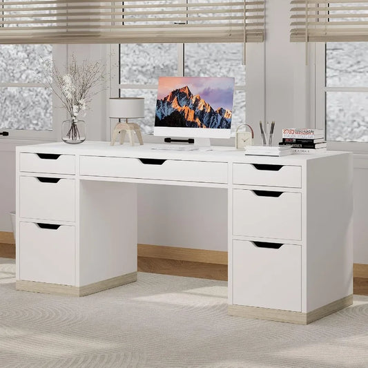 White 54 Inch Executive Desk with 7 Drawers and Cabinet for Bedroom Home Office Small Spaces Modern Writing and Study Desk