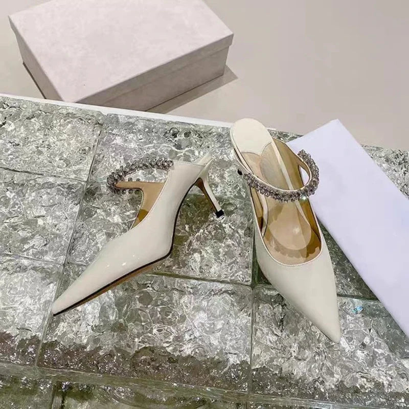2025 New Fashionable Fine Heeled Muller Shoes with Pointed Water Diamond Chain Banquet Shallow Mouth Women's High Heel Sandals
