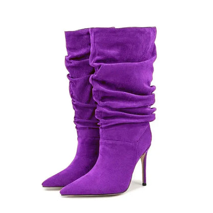 2025Women's Autumn and Winter New Pleated High-heeled Short Boots with Pointed Sleeves, Women's 35-47 Large Mid Length Boots