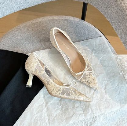 Pumps Women's 2026 Spring New Lace Pointed Bow Mesh Fine Heel Light Mouth Solid Color Temperament Elegant Banquet Women's Shoes