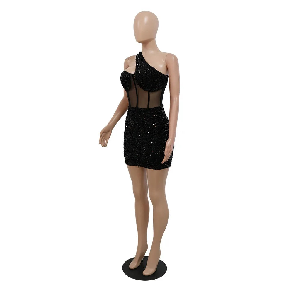 HLJ Fashion Sequin Splicing Hollow One Shoulder Party Club Mini Dresses Women Sleeveless Backless Slim Vestidos Sexy Clothing