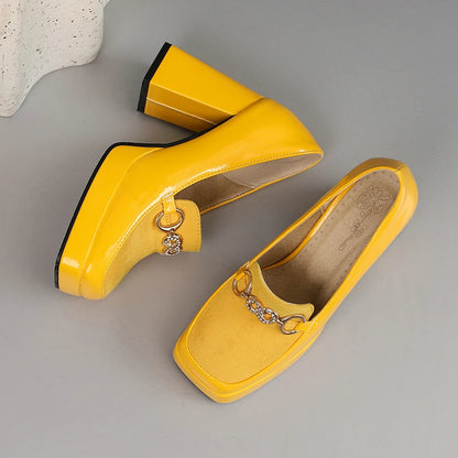 Extra Big Size 49 50 Bright Yellow Metal Crystal Chain Woman's Pumps Spring Fall Shoes Slip-on Loafers Platform Block High Heels