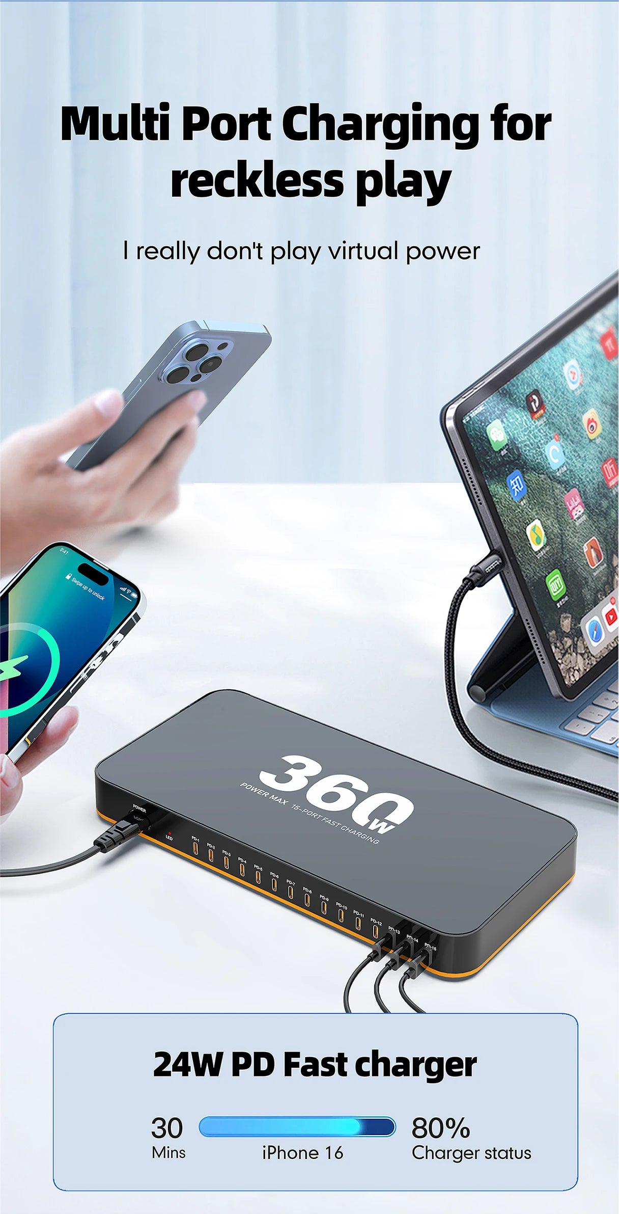 360W USB Charger 15 in 1 Desktop PD 24W Fast Charge USB Type C Charger LED Display Charger For iPhone Xiaomi Smartphone Laptop