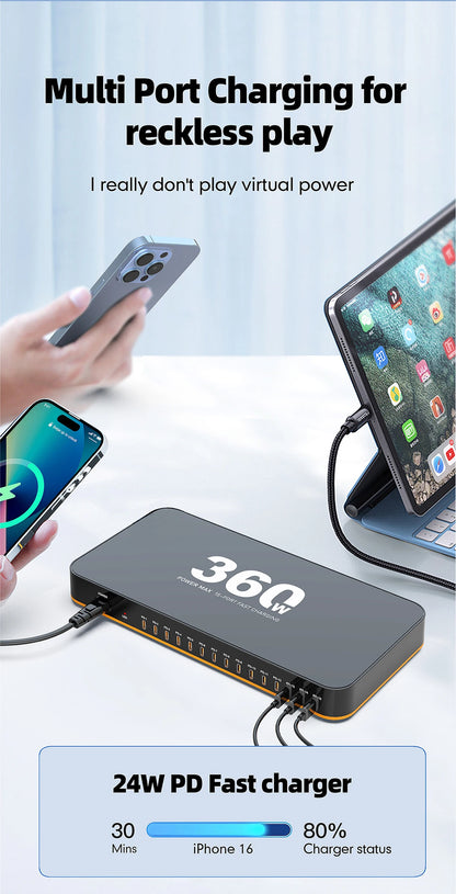 360W USB Charger 15 in 1 Desktop PD 24W Fast Charge USB Type C Charger LED Display Charger For iPhone Xiaomi Smartphone Laptop