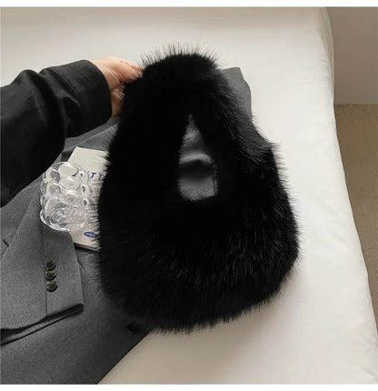 Solid Color Faux Fur Bag for Women Winter Soft Plush Handbags Ladies Small Elegant Tote Bags Fashion Trend Female Furry Purse