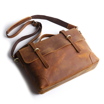 Leathfocus Vintage Leather Briefcase Fashion Design Men's Lightweight Crossbody Bag Men's Tote Handbag 15 inch Laptop Bags