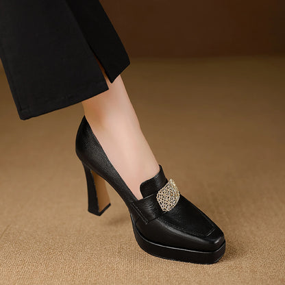 【JOCHEBED HU】Brand Genuine Leather Platform Shoes for Ladies Square Toes Women's Sewing Lines High Heels Leather