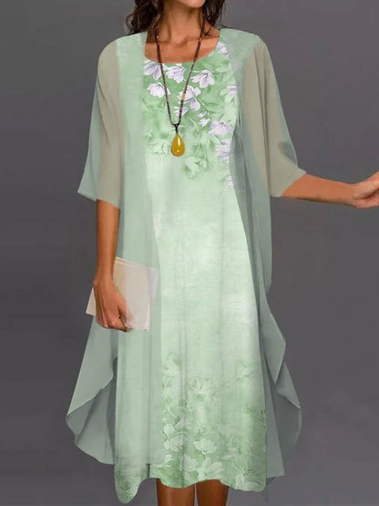 Fashion Women Chiffon Summer Sleeveless O-Neck Print Loose Party Dresses +Cardigan Shawl Elegant Casual Lady Two Piece Set Dress