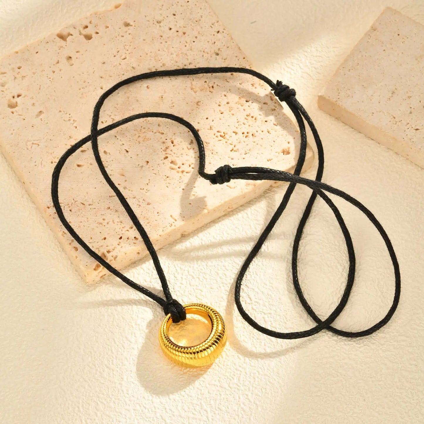 Stainless Steel Hollow Circle Pendant Necklace for Women,Black Rope Chain Necklaces,Trend Stylish Jewelry Gift
