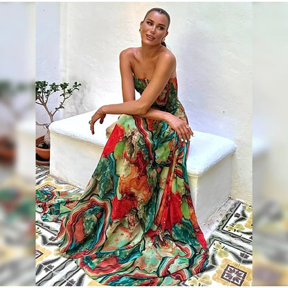 Pleated Waist Strapless Dress Women's New Printed Colorful Long Gown Elegant Fashionable Summer Vacation Party Robe 2025
