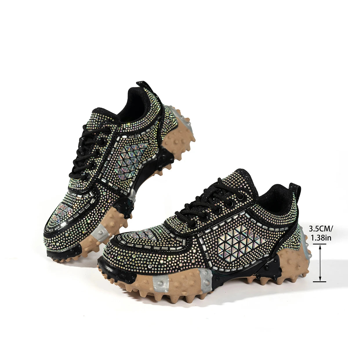 2026 Thick Soled Color Blocked Women's Sneakers Luxury Rhinestone Loafers Fashion Versatile Comfort Anti Slip Women Shoes Tenis