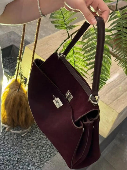 25 New Soft Suede Tote Bag Large Capacity Frosted Cowhide Lock Bag Women's Crossbody Shoulder Bag