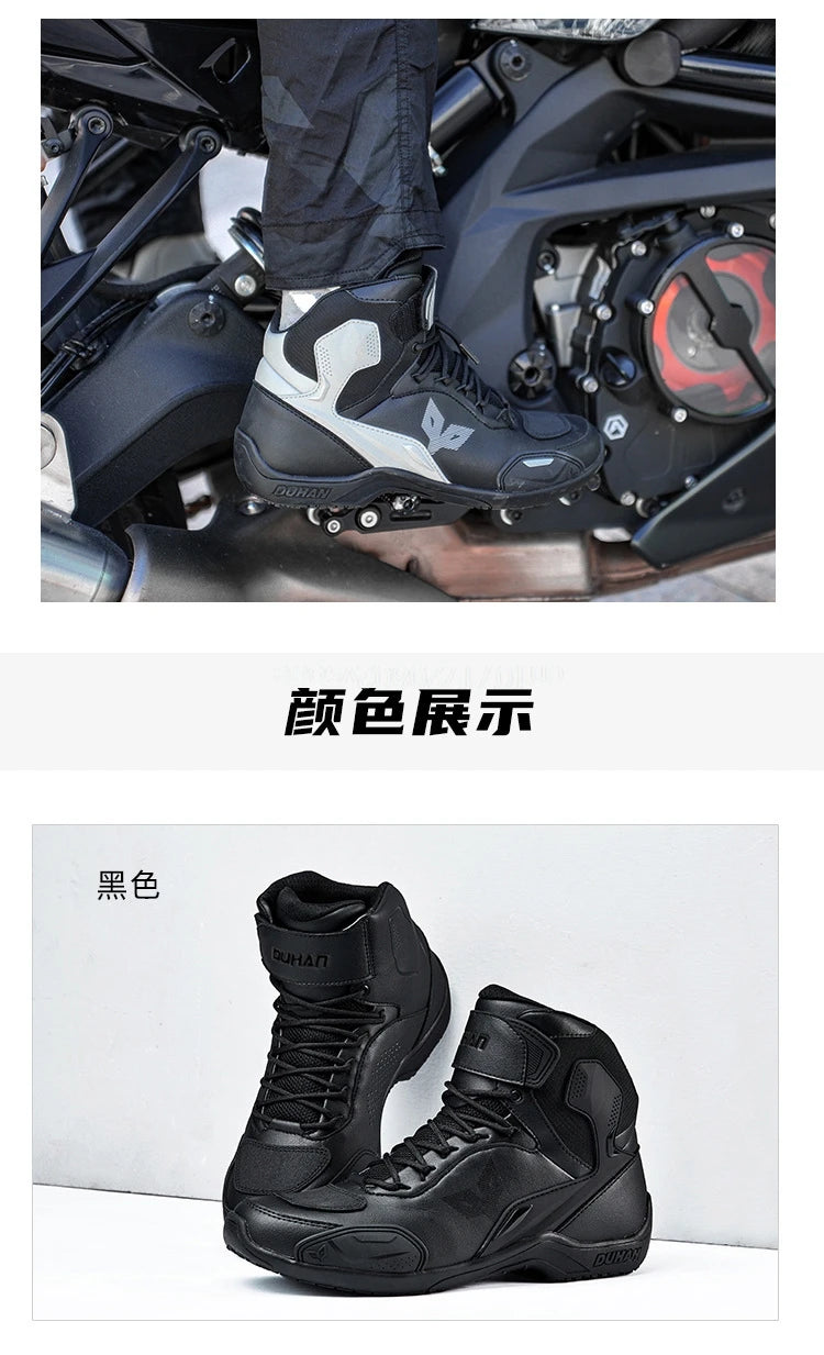 DUHAN  Motorcycle Boots Male Boots for Men Motocross Waterproof Anti Slip Fall Prevention Mid Top Leather Cycling Riding Shoes