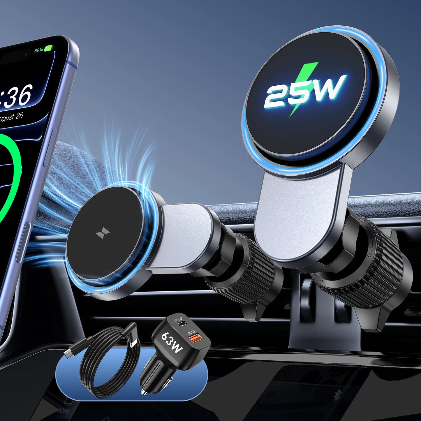 QI2 25W Magnetic Car Wireless Charger With 63W Car Charger For iPhone 17 16 15 Pro Max Macsafe Car Phone Holder Stand Mount Fast
