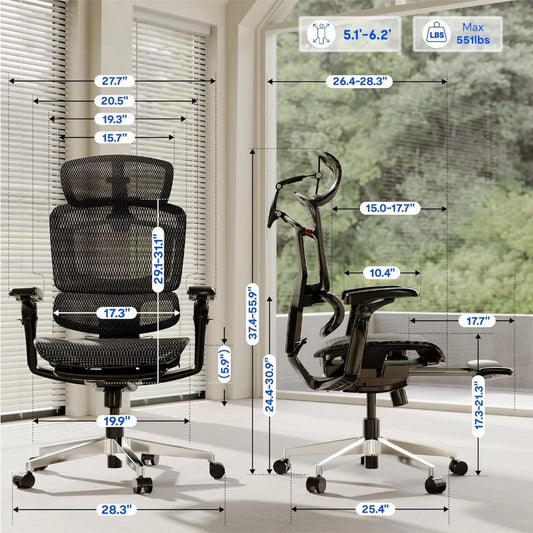 ErgoX-PRO Ergonomic Office Chair with Footrest Black – AeroWeave 5.0 Mesh Seat, 5D Lumbar, 7D Armrests, 4D, Customized