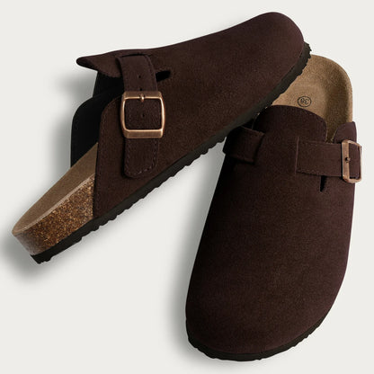 Crestar Women's Suede Clogs Lady Fashion Buckle Leather Mules Comfort Cork Footbed Potato Shoes with Arch Support Beach Sandal