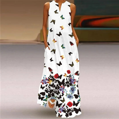 Fashionable V-Neck Sleeveless Long Digital Print Dress with Pocket Summer Sexy XL Women's Clothing Loose Waist Ankle-Length