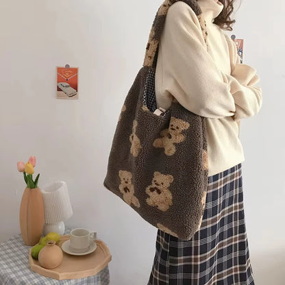 Women Plush Shoulder Bag Warm Cloth Fabric Handbag Soft Canvas Tote Large Capacity Shopping Bags Cute Bear Book Bags For Ladies