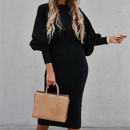 Women Autumn Dress Crew Neck Elegant Lantern Sleeve High Waist Women Bodycorn Dress Autumn Winter Office Ladies Midi Dress
