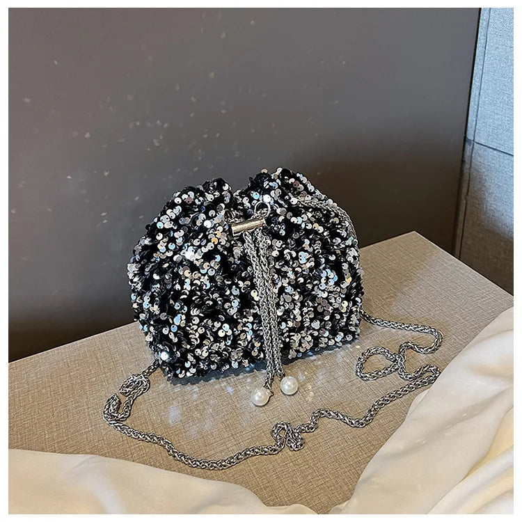 Good-looking Personality Sequin Women's New Korean Bucket Bag Bright Eyes Style Fashion Crossbody Dinner Single Shoulder Bags