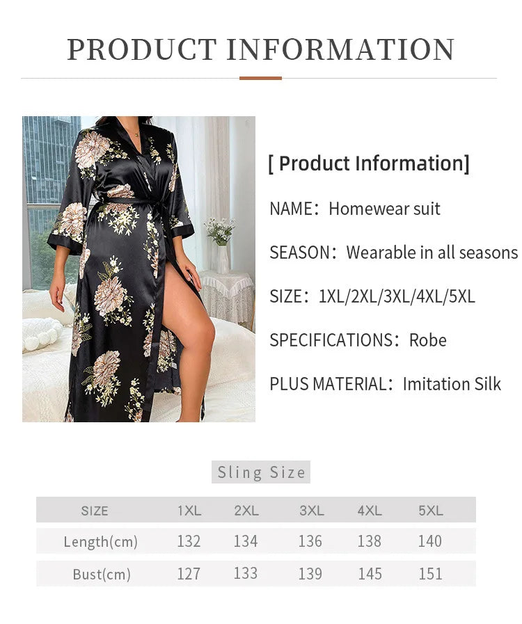 Plus Size Women's Satin Like Nightgown Fashion Long Maxi Sleep Dress100kg Floral Print Loose Fit Robe for Curvy Girls Loungewear