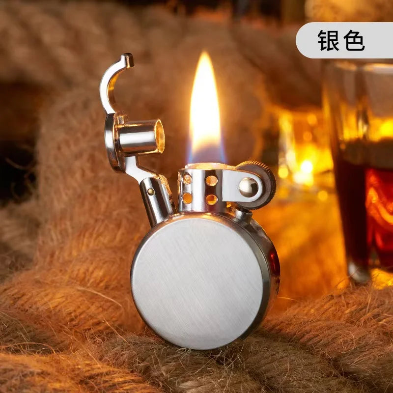 New Retro Round Kero sene Lighter Creative Metal Windproof Flame Lighter Gold and Silver Oil Lighter Smoking Accessories Tool