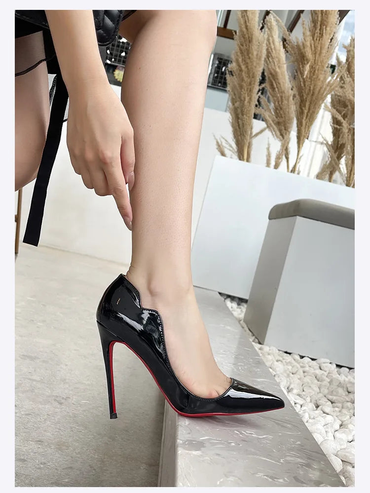 Black Curl Upper Women Patent PU Pointed Toe Stiletto 12cm High Heels Sexy Ladies Party Dress Shoes Club Dance Women Pumps