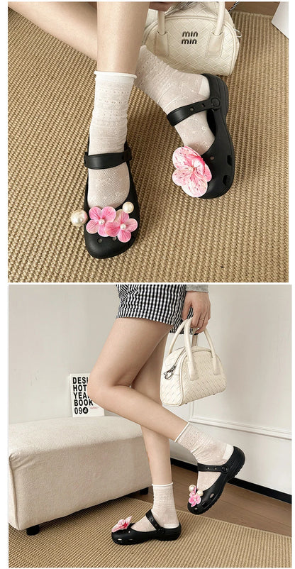 Clogs Summer Slippers Women Luxury Pearl Metal Flower Mary Janes Designer Ballet Shoes Girls Corc Charms Sandals Indoor Outdoor