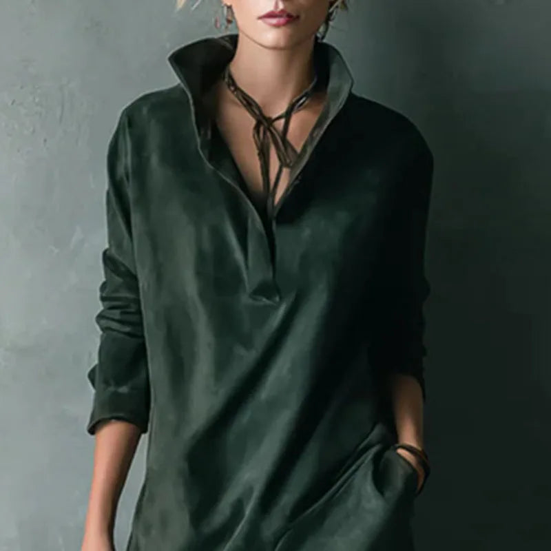 Vintage Solid Suede Female Clothing Autumn Fashion Turn-down Collar Button Pullover Dress Winter Long Sleeve Woman Party Dresses
