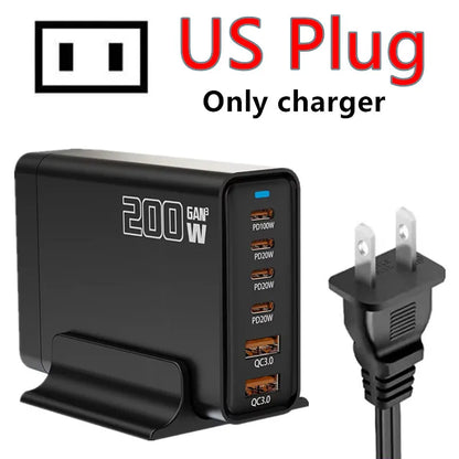 200W Desktop USB C Quick Charger GaN PD Fast Chager 6 port Mobile Charging Adapter For Laptop iPhone 17 16 15 Samsung Xiaomi﻿﻿