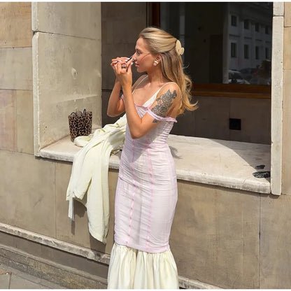 Sheer Mesh Overlay Lace Hem Slip Midi Dress Slim Spaghetti Strap 2026 Summer Elegant Women Bodycon Dress Trendy Date Lady Gown