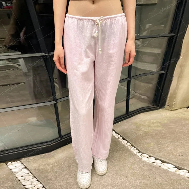 Y2K Vintage Striped Loose Pants Comfy Loung Pants Streetwear Casual Tie Up Waist Wide Leg Trousers Women Pajamas Sleepwear