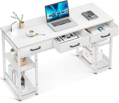 Small Computer Desk for Home Office, 48"x16" Writing Desk with Fabric Drawers & Storage Shelves, White