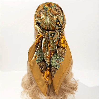 Handkerchiefs Hair Silk Scarf 90*90cm Print Satin Big Square Silk Scarves Shawls for Women Luxury Brand Designer Hijab Headband