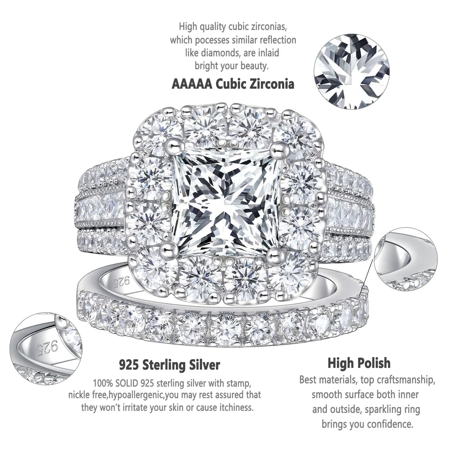 Newshe 2Pcs 925 Silver Wedding Rings Set for Women Halo Princess Cut White Cubic Zircon Vintage Luxury Jewelry Engagement Ring