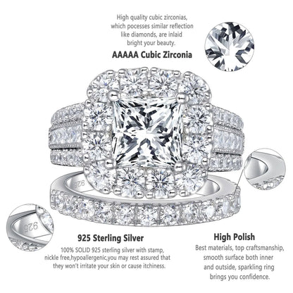 Newshe 2Pcs 925 Silver Wedding Rings Set for Women Halo Princess Cut White Cubic Zircon Vintage Luxury Jewelry Engagement Ring