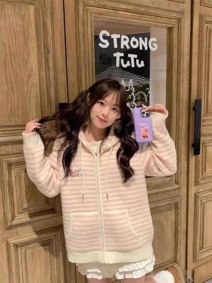 Pink Striped Knitted Sweater Coat Loose Women's Sle Korean Version Autumn Winter New Arrival Sweet School orm Theme
