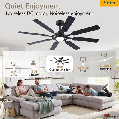 62-Inch Ceiling Fan with Light & Remote, 8 Blades, 6-Speed DC Motor, Quiet Timer for Indoor/Outdoor Use